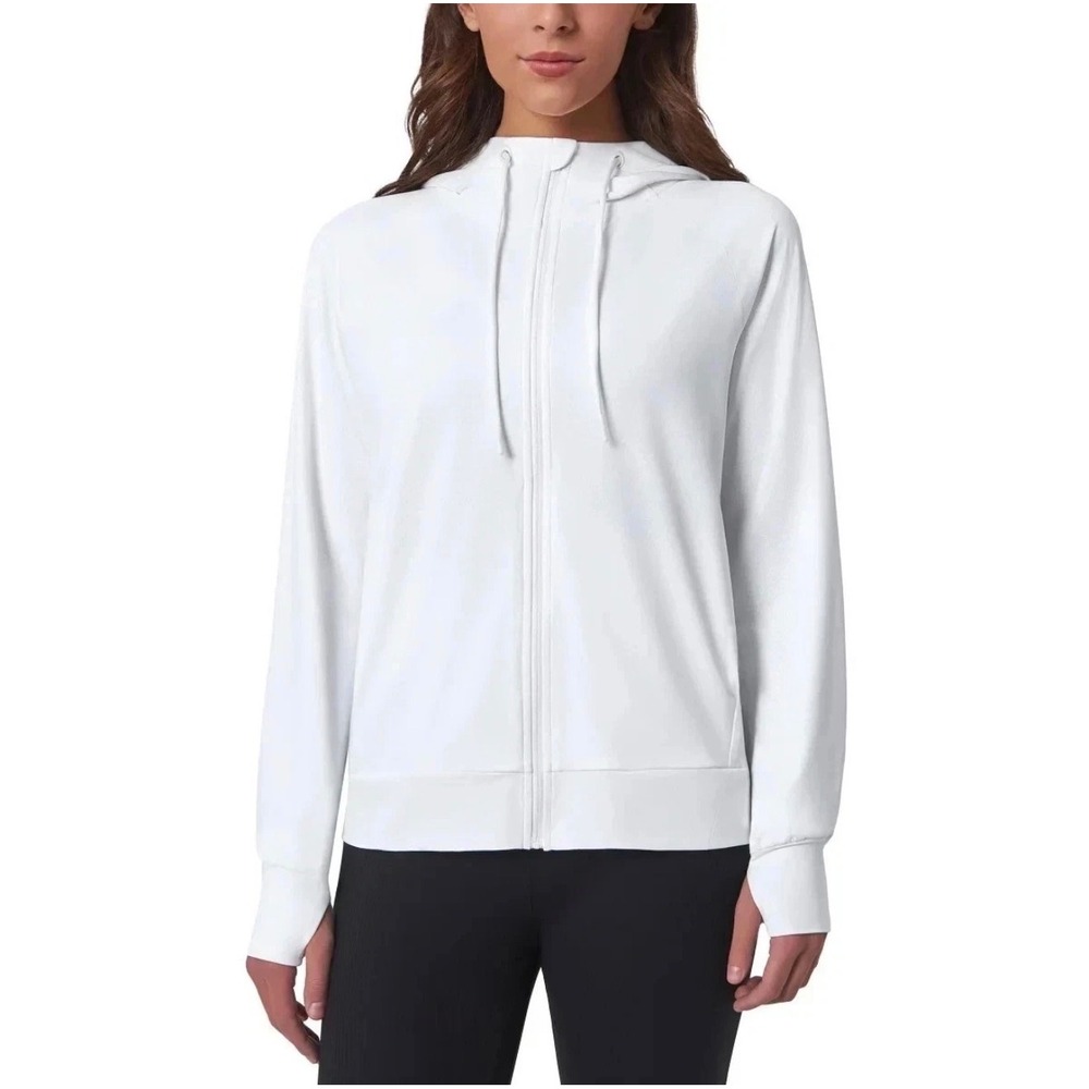 Mondetta Womens White Lightweight Full Zip Hoodie Thumbhole Active Jacket •M•